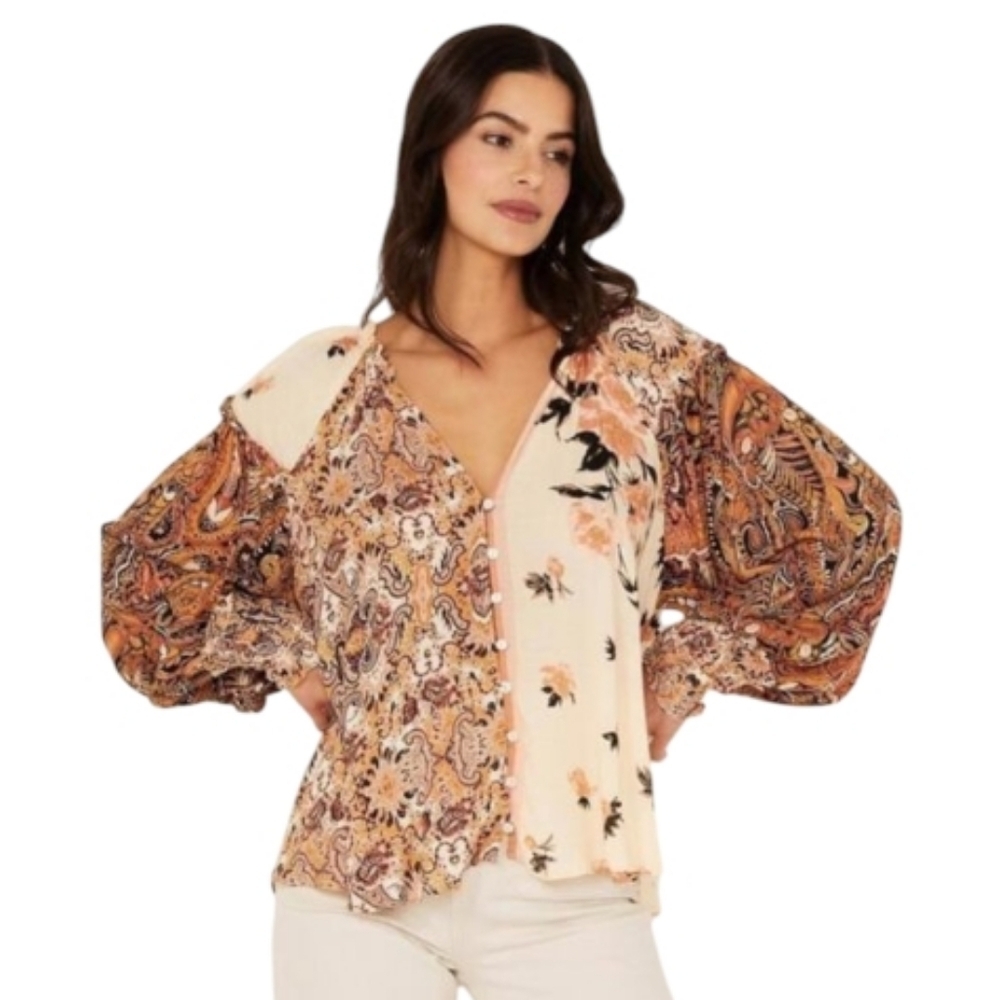 Patchwork Floral Paisley V-Neck Blouse in Peach